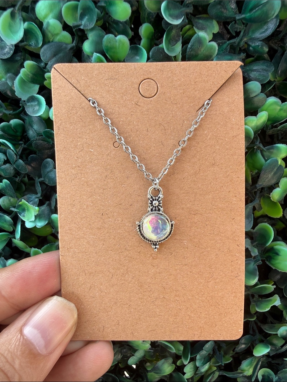 Repurposed Silver Simulated Aura Opal Pendant Necklace - Iridescent White